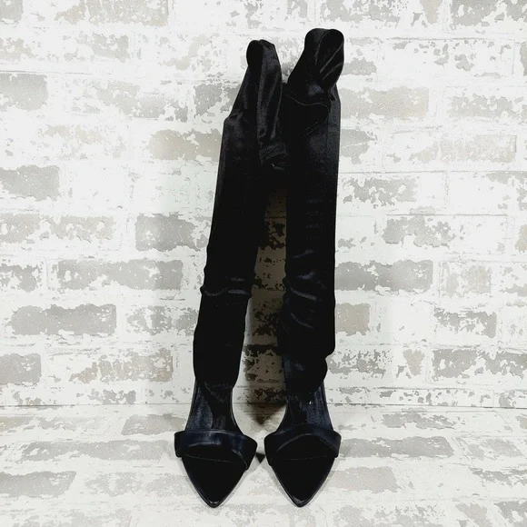 NEW Mackin J Satin Thigh High‎ Stocking Stiletto Black Over The Knee Boots K800 - Picture 8 of 13